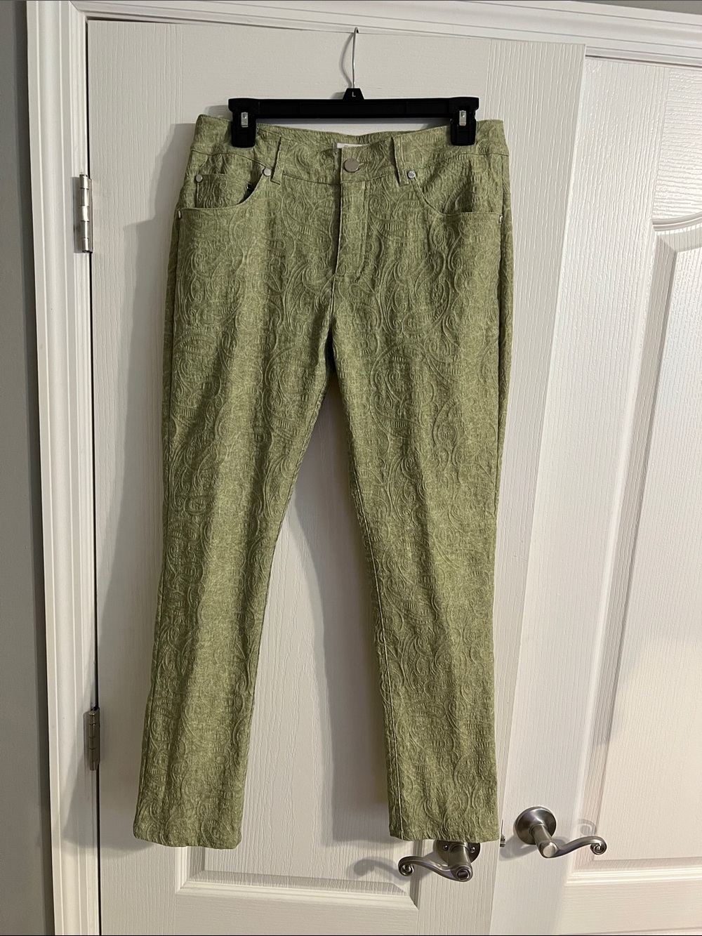 Women's Olive Straight-Leg Jeans with Paisley Texture